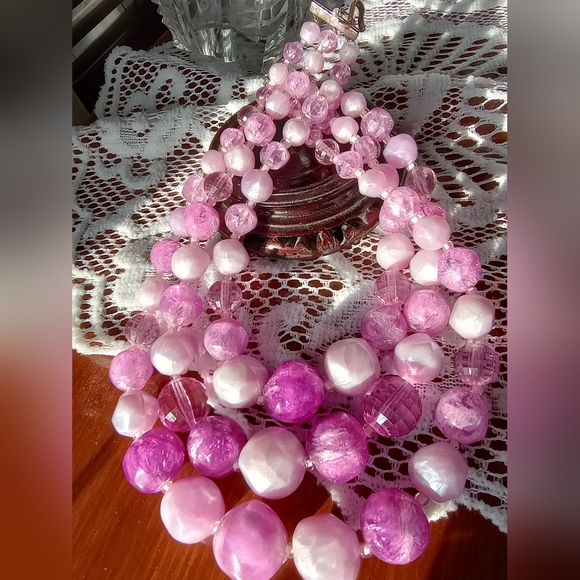 Vintage Purple Triple Strand Mixed Bead Collar Necklace, Acrylic - Picture 2 of 9
